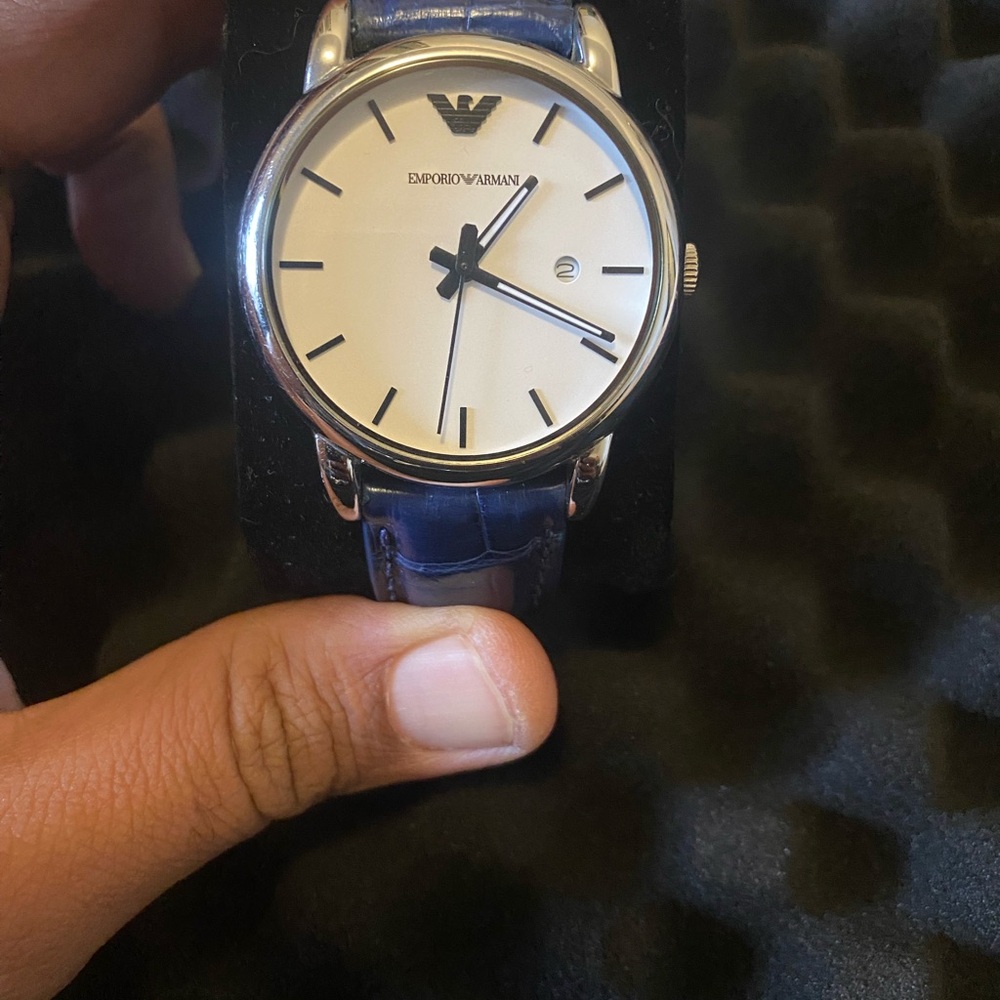Emporio Armani Silver Dial Watch with Blue Leather Strap